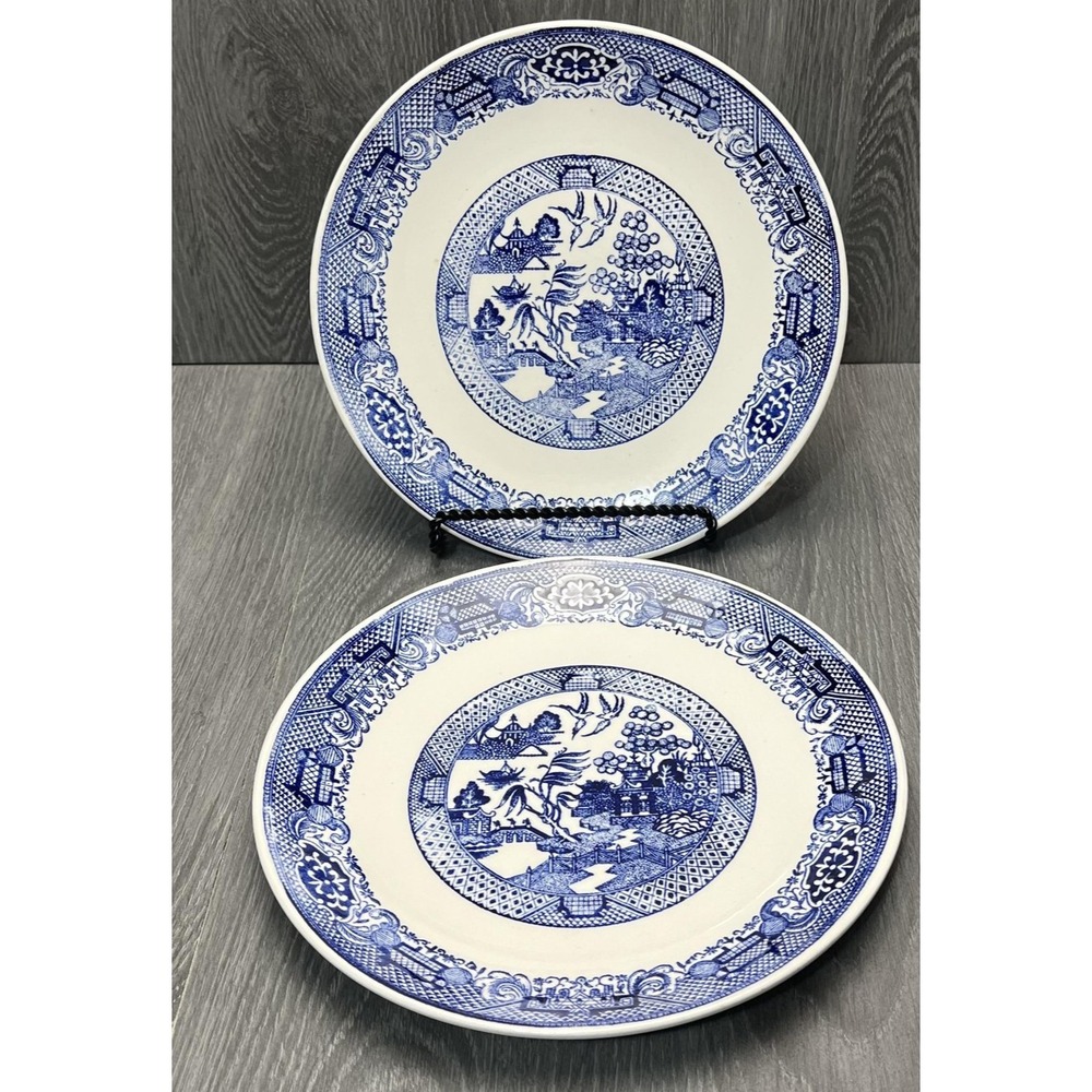 Blue Willow Style Dinner Plate Blue White Ceramic Pictorial Design Set of 2